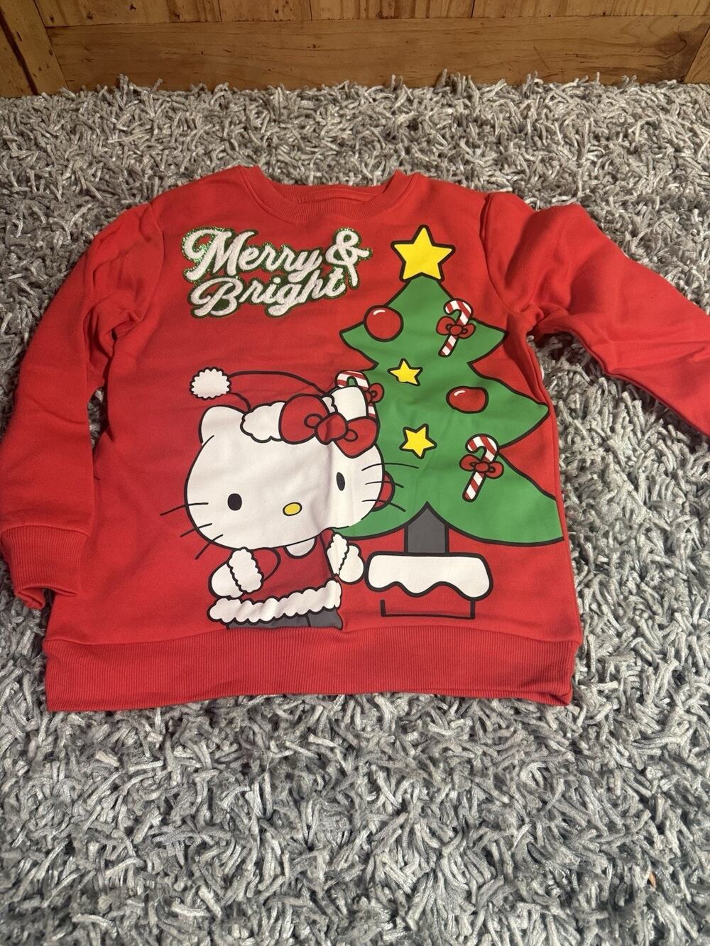 Hello Kitty Red Christmas Sweatshirt MERRY & BRIGHT - Girls Size S NWOT